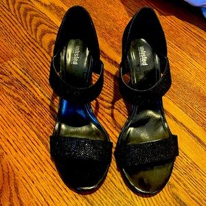 Gently worn. Black glitter heeled sandals. Unlisted.